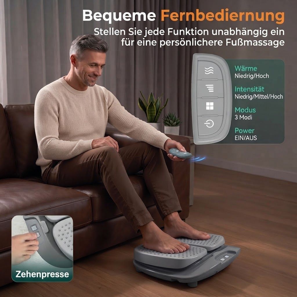 Mann bedient Fußmassagegerät mit Fernbedienung; Tasten für Wärme, Intensität, Modus, Power.
