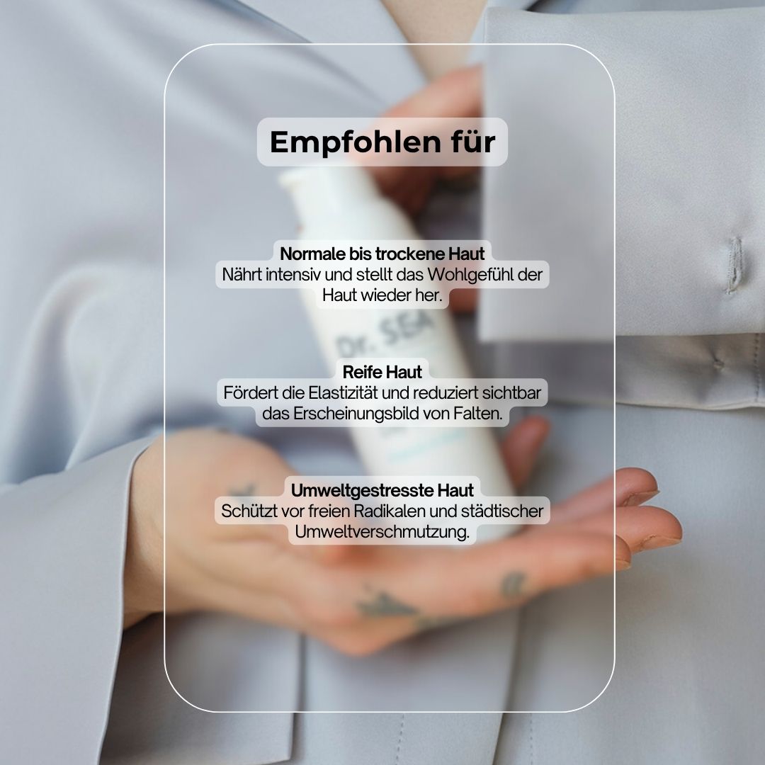 Weiße Flasche mit Pumpe. Aufschrift: Dr. SEA, Prebiotic Hydrating Day Cream. Text: Empfohlen für...