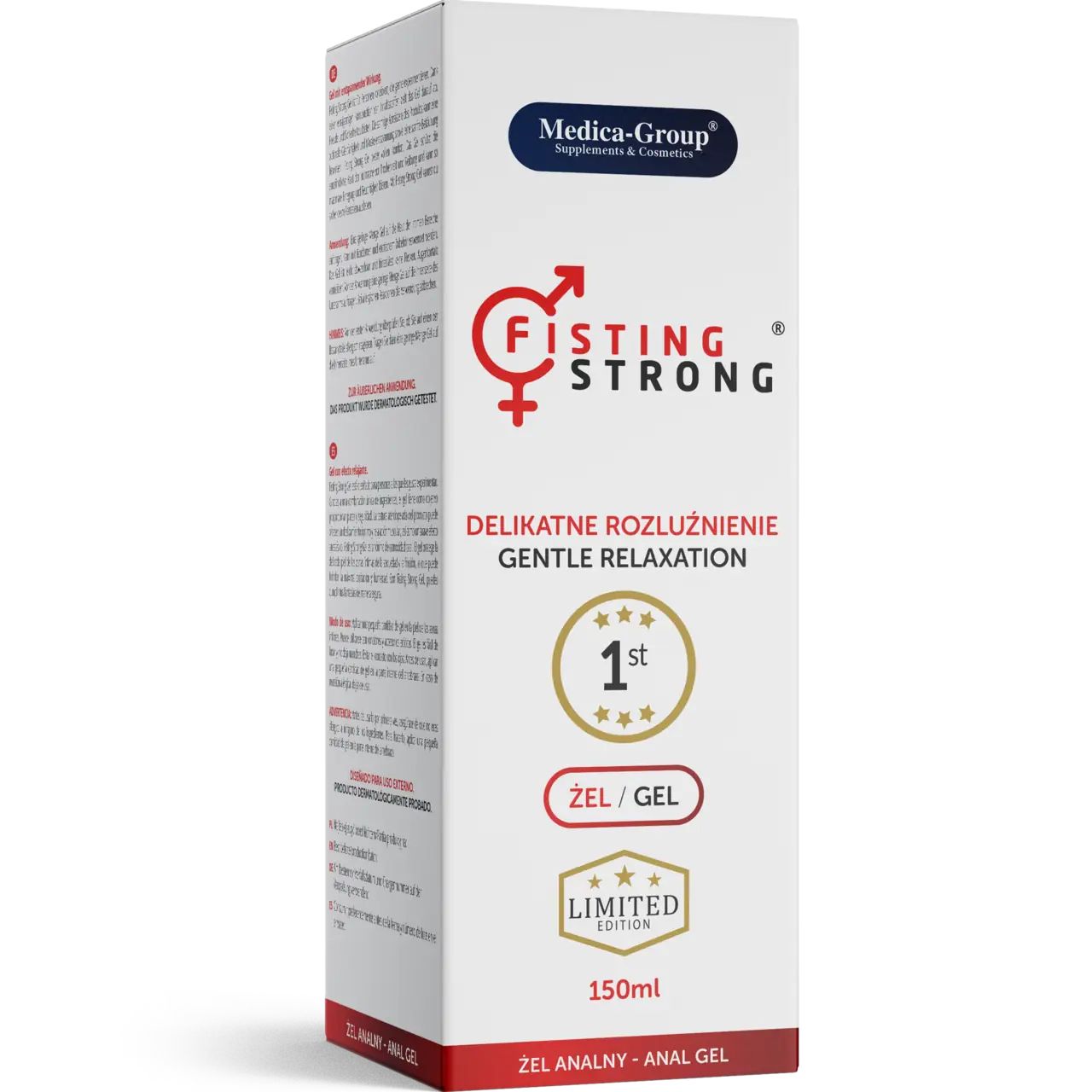 Weiße Produktverpackung. Aufschrift: Fisting Strong, Gentle Relaxation. 1st, Limited Edition. 150ml. Medica-Group Logo.