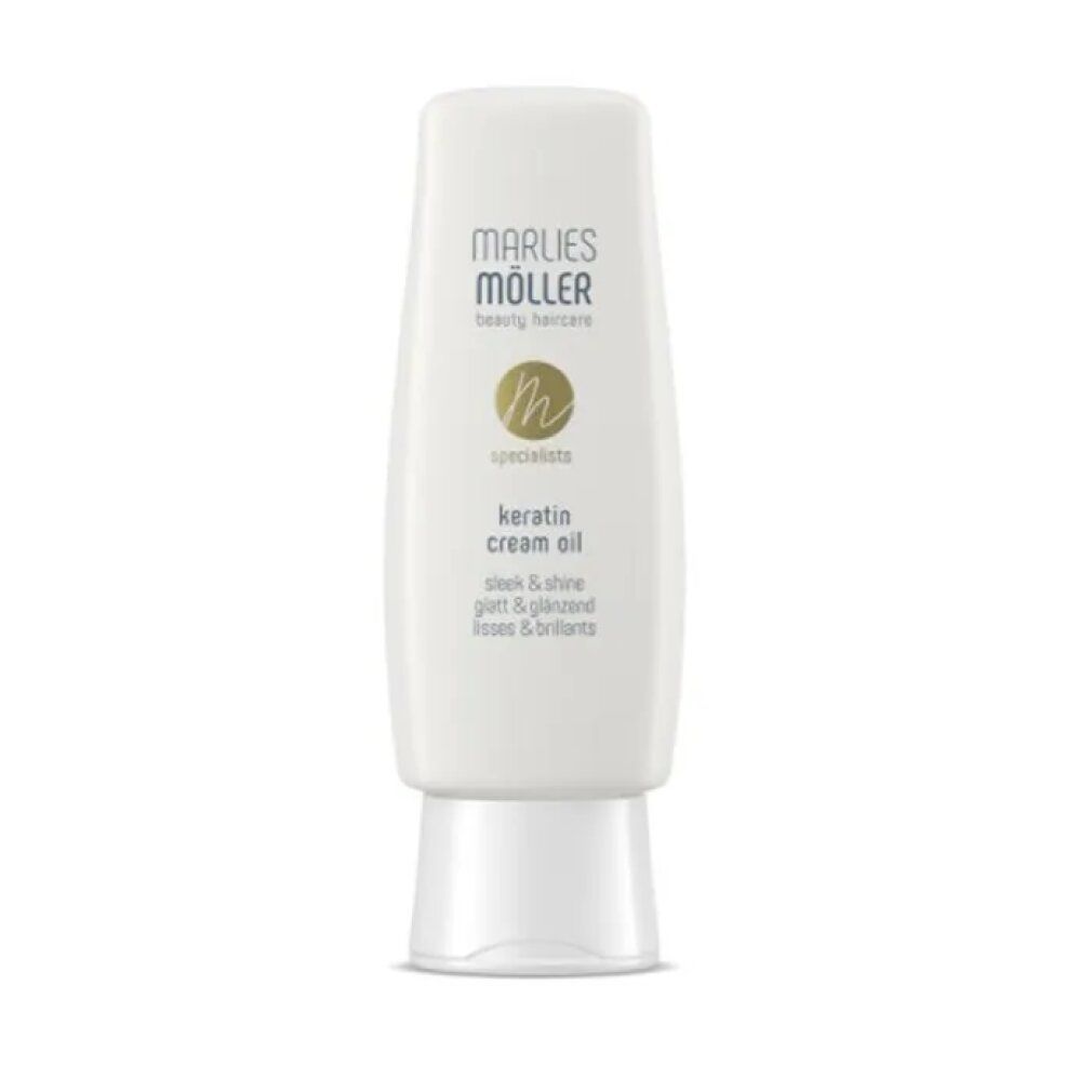 Weiße Flasche mit Produkt. Aufschrift: Marlies Möller, Keratin Cream Oil. Text in Deutsch, Englisch und Französisch.
