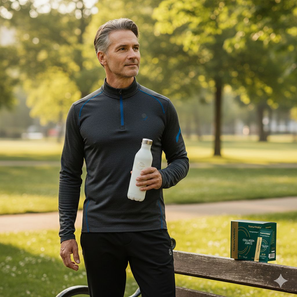 Ein Mann steht in einem Park und hält eine weiße Wasserflasche. Rechts: Produktverpackung und Einzelverpackungen von NaturWelle Collagen Joints.