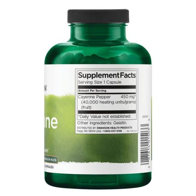 Rückseite der grünen Flasche. Aufschrift: Supplement Facts, Cayenne Pepper 450 mg, 300 Kapseln. Schwarzer Deckel.