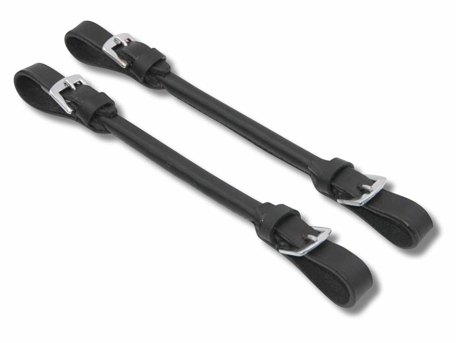 Zwei schwarze Lederriemen mit silberfarbenen Schnallen.