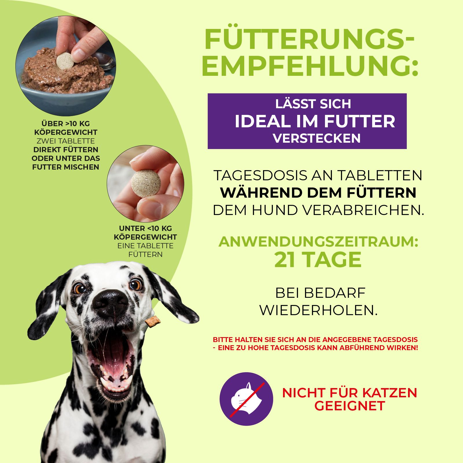 Grafik mit Fütterungsempfehlung. Text: Über 10 kg Körpergewicht, zwei Tabletten. Unter 10 kg Körpergewicht, eine Tablette. Nicht für Katzen.