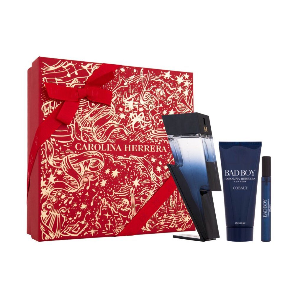 Carolina Herrera Bad Boy Cobalt Geschenkset mit Parfümflakon, Duschgel und kleinem Parfümzerstäuber.