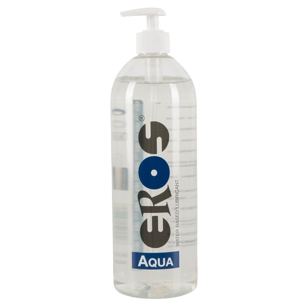 Transparente Flasche mit Dosierpumpe. Aufschrift: EROS Aqua. Wasserbasiertes Gleitmittel.
