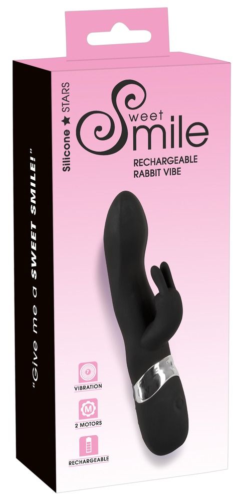 Verpackung mit schwarzem Vibrator. Aufschrift: Sweet Smile, Rechargeable Rabbit Vibe, Vibration, 2 Motors, Rechargeable.