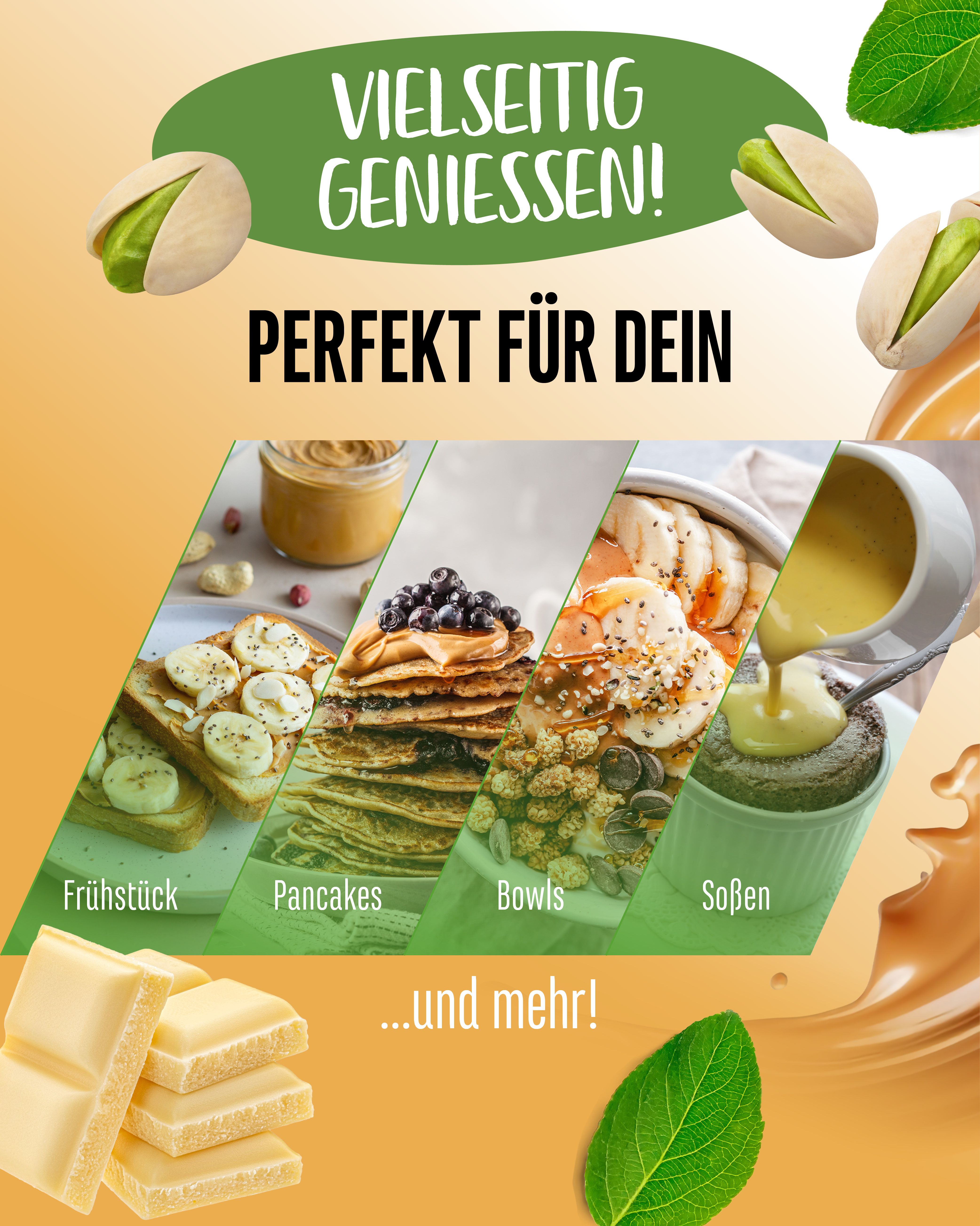 Verschiedene Gerichte mit Pistazien-Creme. Auf Toast, Pfannkuchen, Bowls und Soßen. Pistazien und Schokoladenstücke.