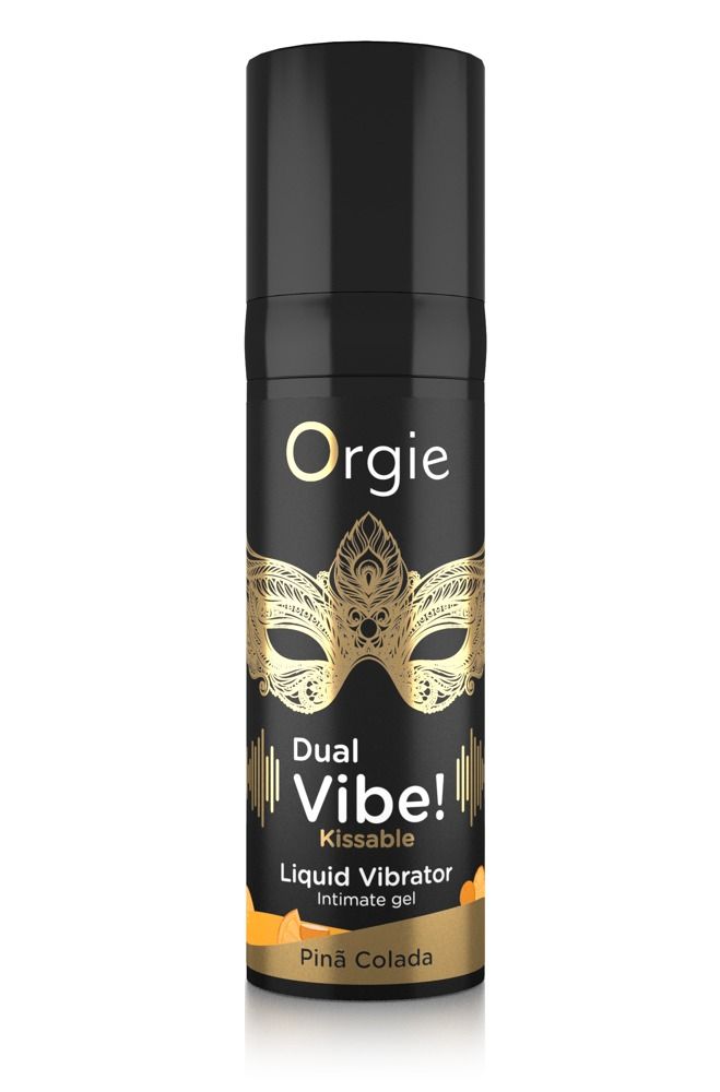 Schwarze Flasche mit goldener Maske und Schriftzug. Enthält 'Dual Vibe! Kissable Liquid Vibrator' und 'Pinã Colada'.
