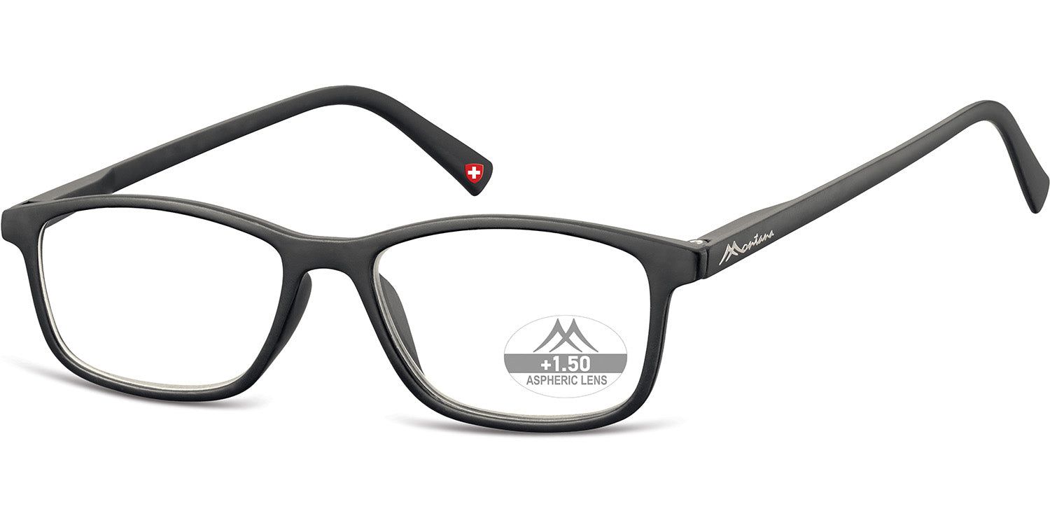 Schwarze Brille mit rechteckigen Gläsern. Auf dem Glas steht "+1.50 ASPHERIC LINE". Am Bügel ist ein Schweizer Kreuz.