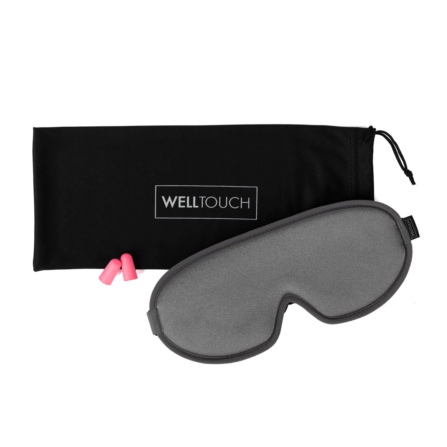 Graue Schlafmaske, zwei rosa Ohrstöpsel und schwarzer Beutel mit "WELLTOUCH"-Logo.