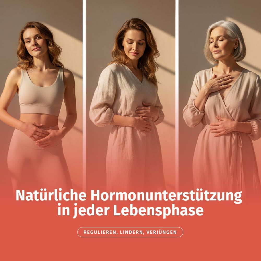 Drei Frauen in verschiedenen Lebensphasen. Text: Natürliche Hormonunterstützung in jeder Lebensphase. Reguliert, lindert, verjüngt.