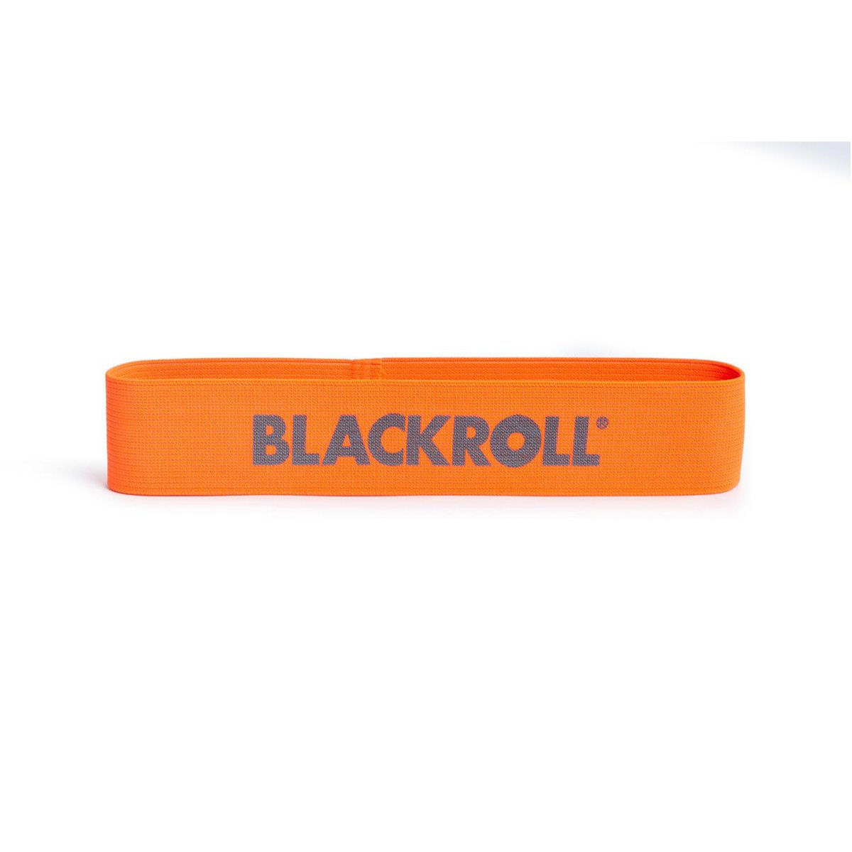 Orangenes BLACKROLL Loop Band. Grauer Schriftzug. Rechteckige Form.