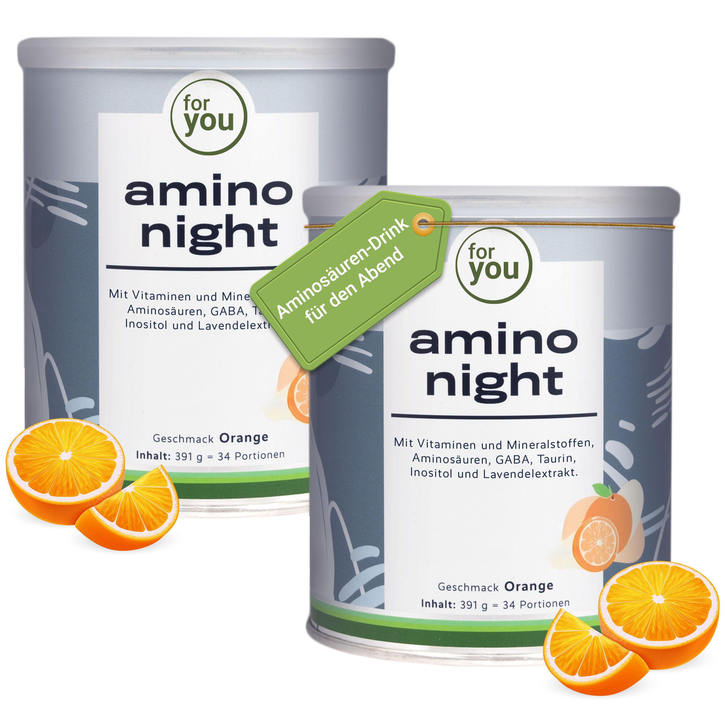Zwei Dosen 'amino night' mit Orangenscheiben und Etikett.