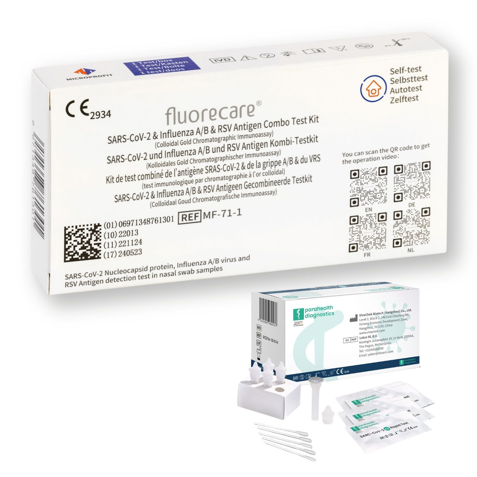 Kombi-Schnelltest-Kit. Enthält Testkassetten, Abstrichtupfer, Behälter und Anweisungen. CE-Kennzeichnung.