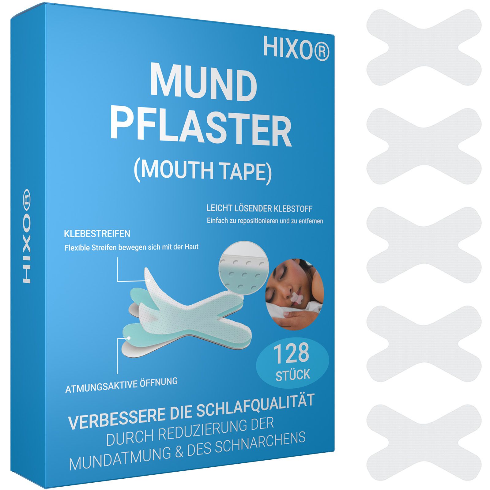 Blau-weiße Verpackung mit HIXO Mundpflaster. Enthält 128 Stück. X-förmige Pflaster daneben.