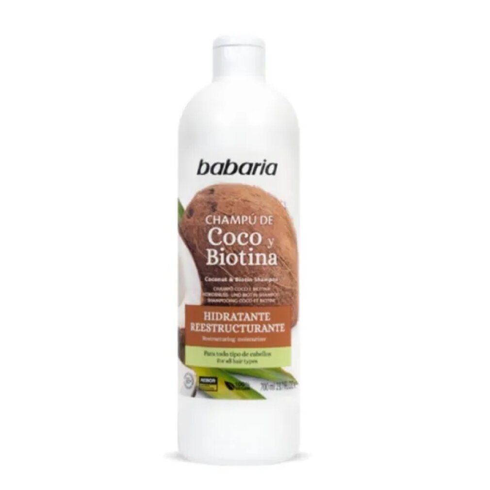 Babaria Shampoo-Flasche mit Kokosnuss- und Biotin-Etikett. Weißes Flaschendesign mit Produktnamen und Inhaltsangaben.
