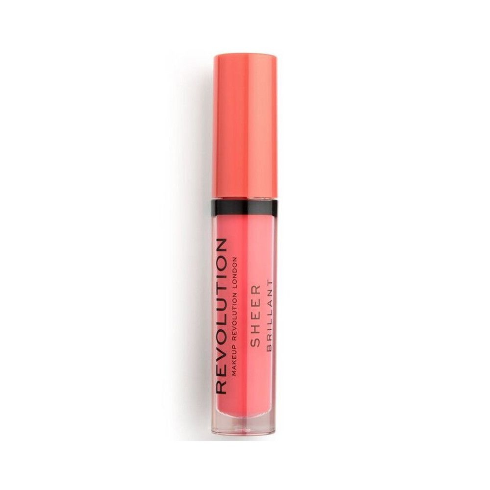 Geschlossener Lipgloss-Flakon. Der Lipgloss ist rosa. Auf dem Flakon steht "REVOLUTION LONDON SHEER BRILLANT".