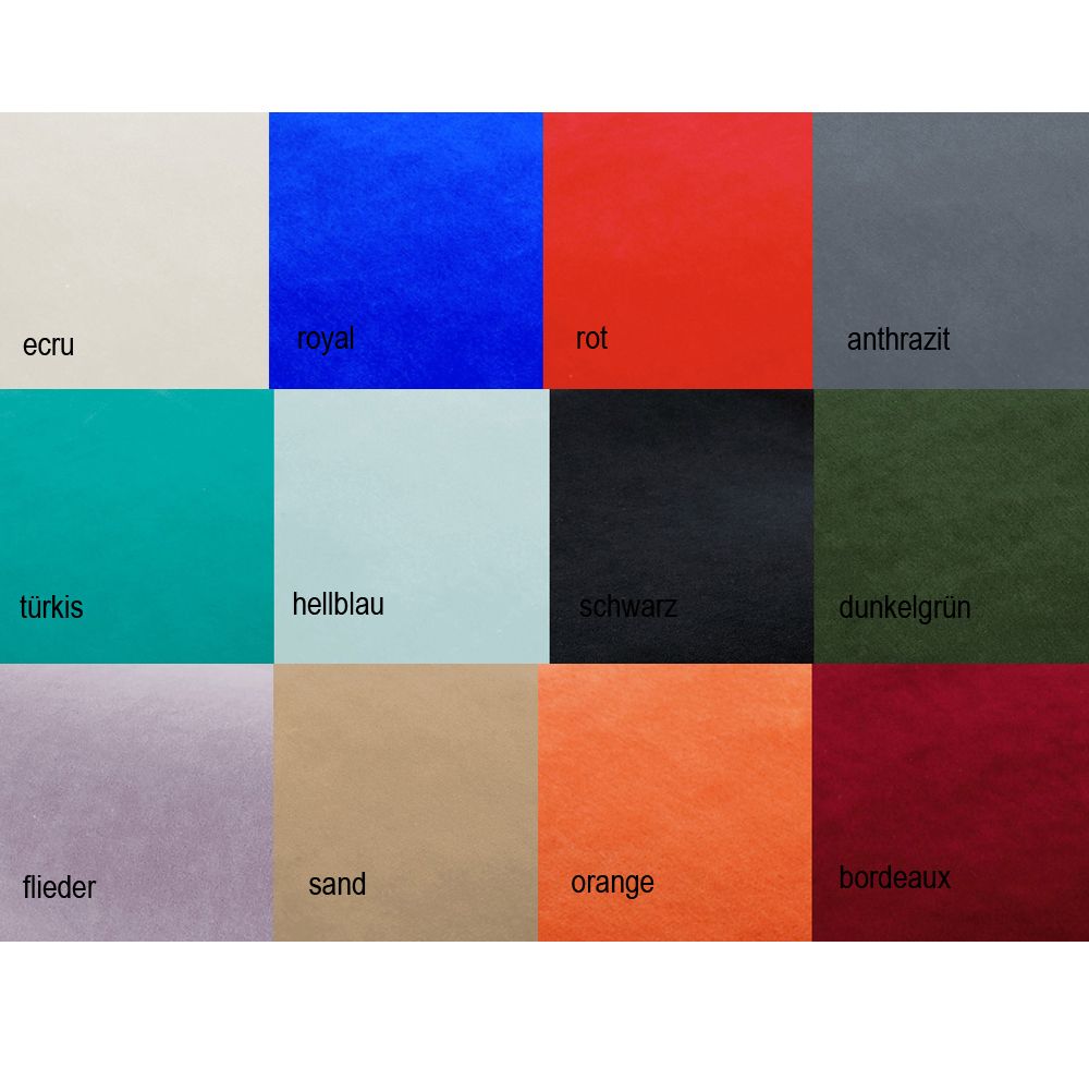 Farbtafel mit 12 Stoffmustern in verschiedenen Farben. Jedes Feld ist mit einem Farbnamen beschriftet.
