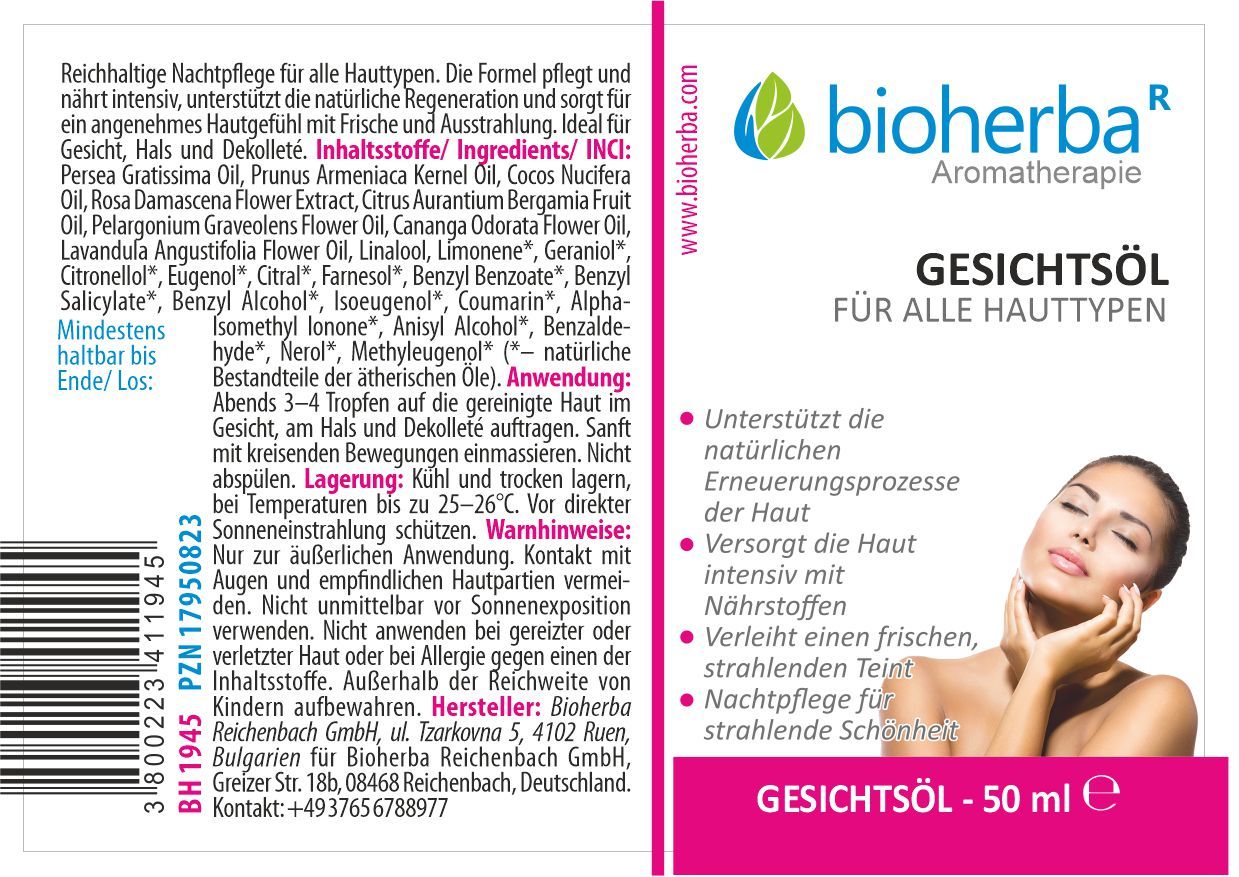 Produktverpackung mit Etikett. Logo, Produktname und Abbildung einer Frau. Text: Gesichtsöl für alle Hauttypen. Inhaltsstoffe und Anwendungshinweise.