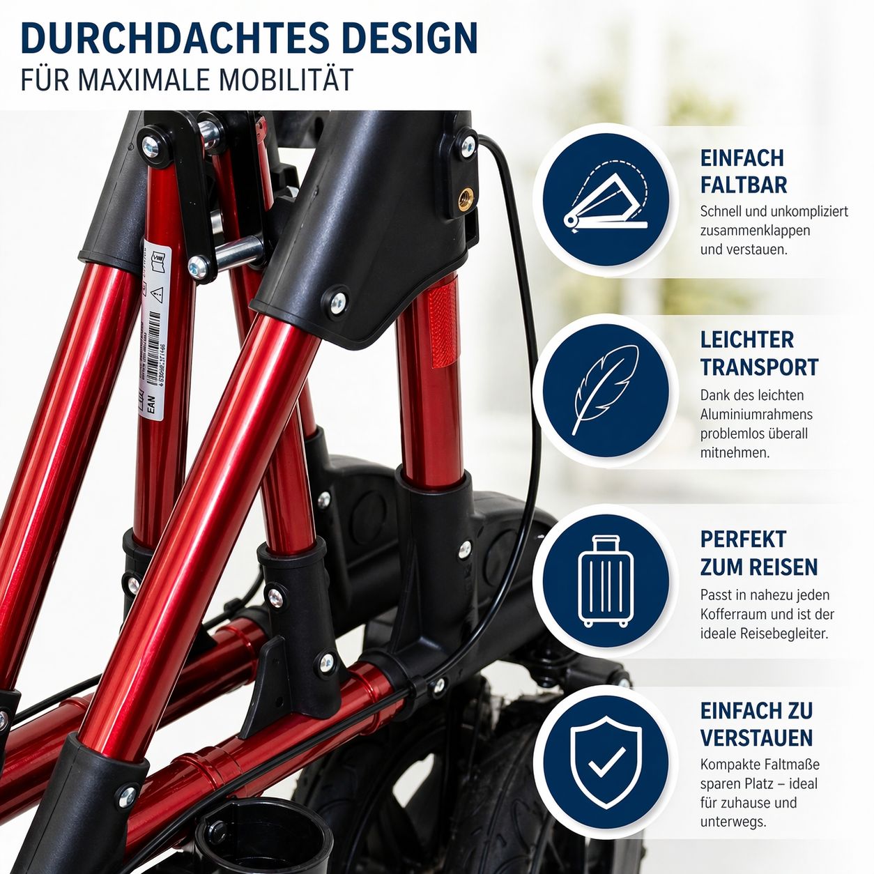 Detailansicht Rollator, roter Rahmen. Logo: LÖSCH. Eigenschaften: faltbar, leicht, perfekt für Reisen, einfach zu verstauen.