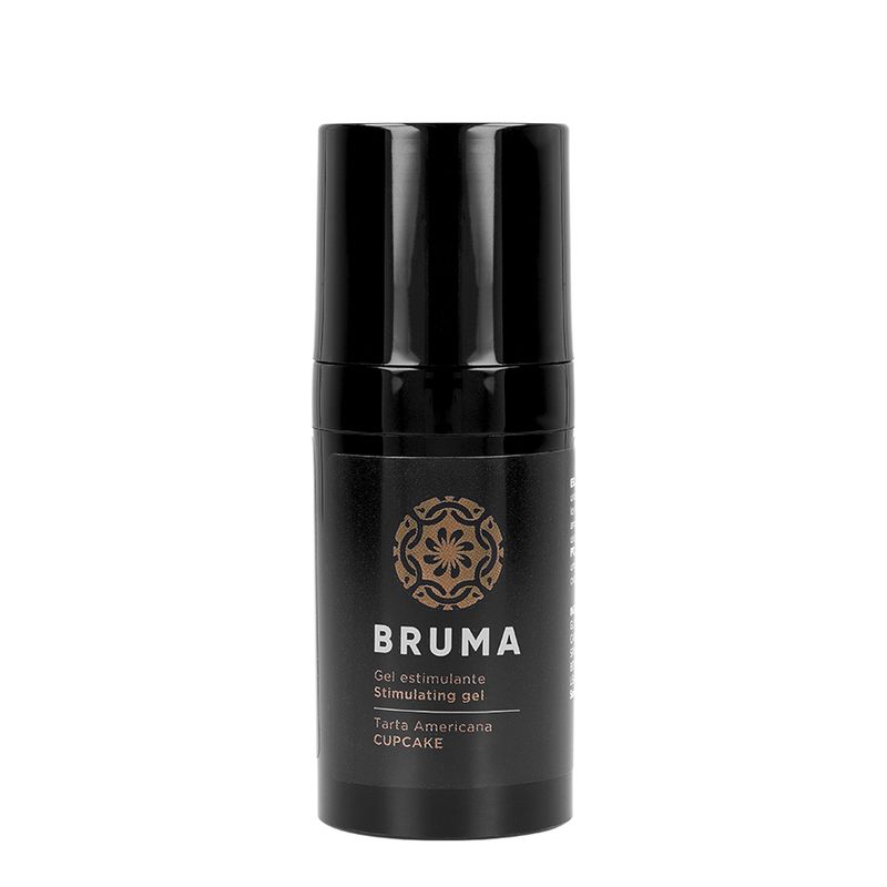 Schwarze Flasche mit Aufschrift Bruma. Text: Gel Estimulante, Cupcake. Produktansicht.