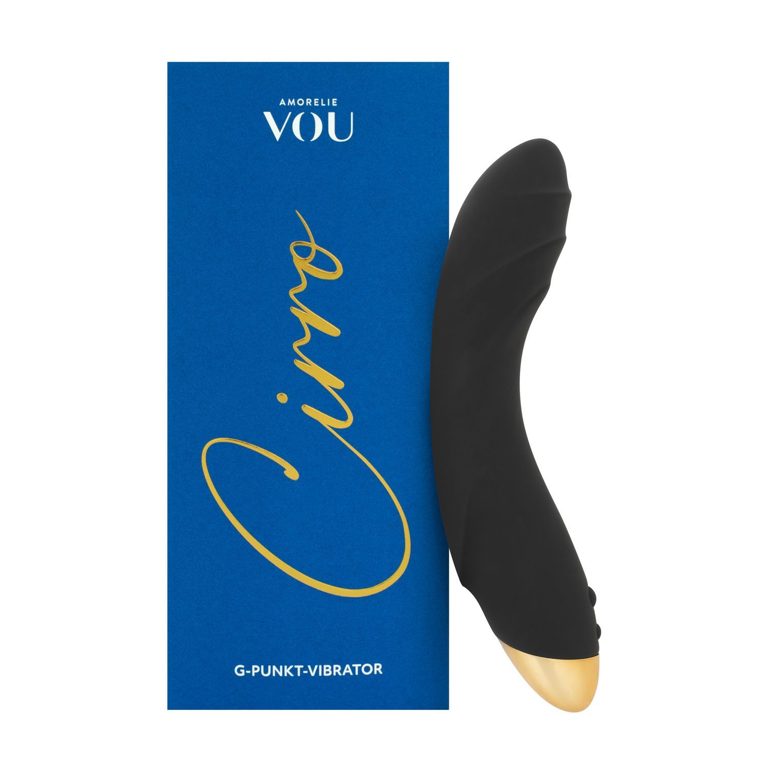 Schwarzer G-Punkt-Vibrator mit goldfarbenem Ende und Verpackung. Auf der Verpackung steht "AMORELIE VOU Cirro".