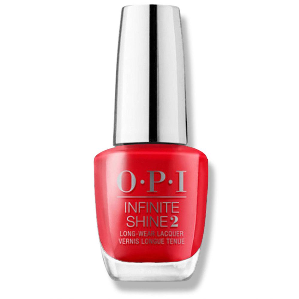 Rote Nagellackflasche mit silbernem Deckel. OPI Infinite Shine 2-Logo sichtbar.
