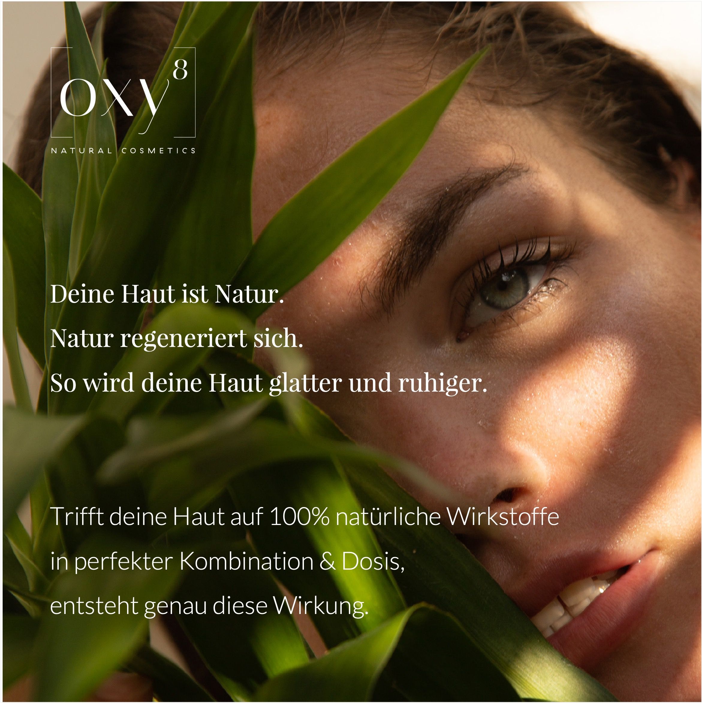 Frau mit grünen Blättern. Text über Haut. Dose mit Produkt.