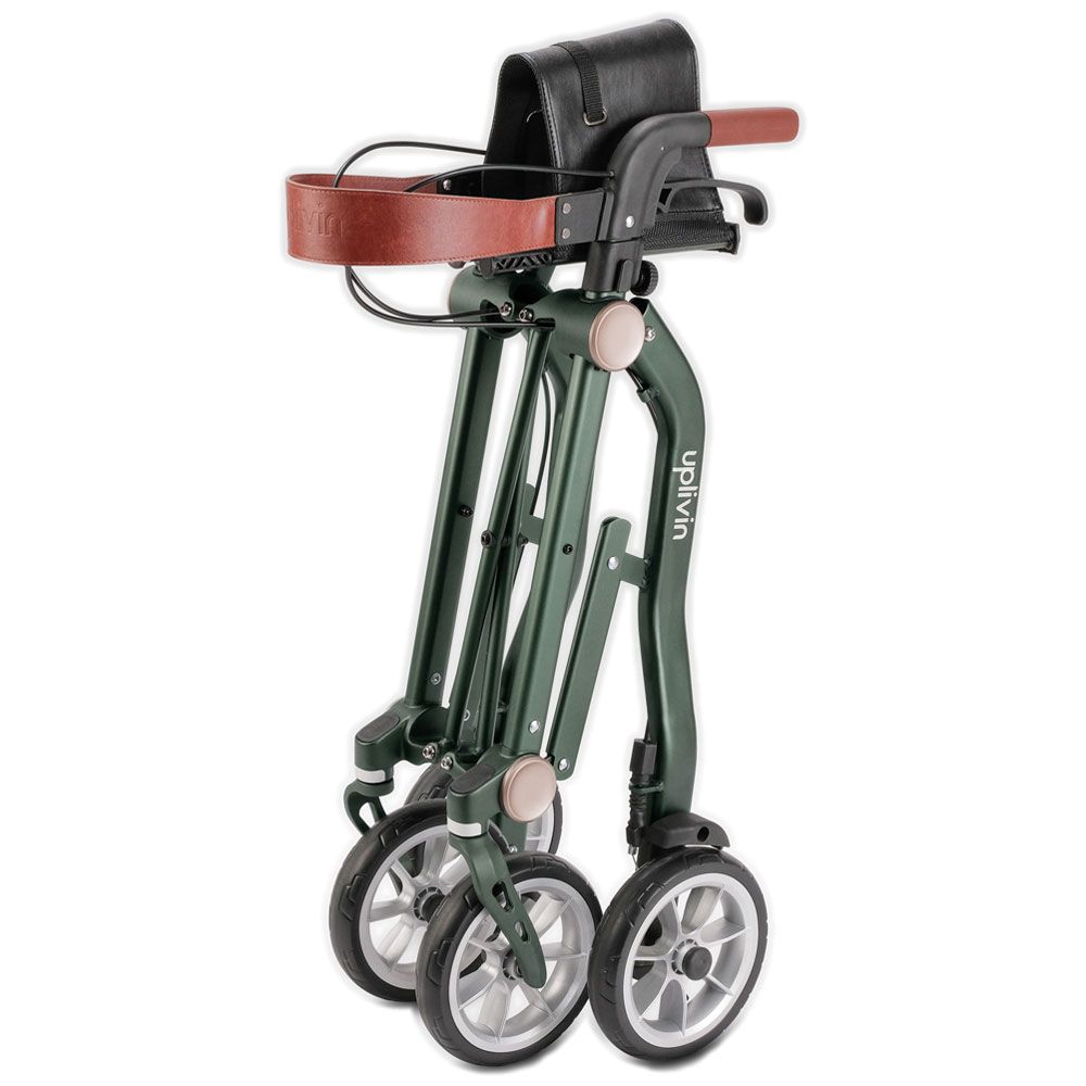 Faltbarer Rollator, grün mit braunen Akzenten. Vier Räder, schwarze Tasche und braune Halterung. Marke: Uplivin.