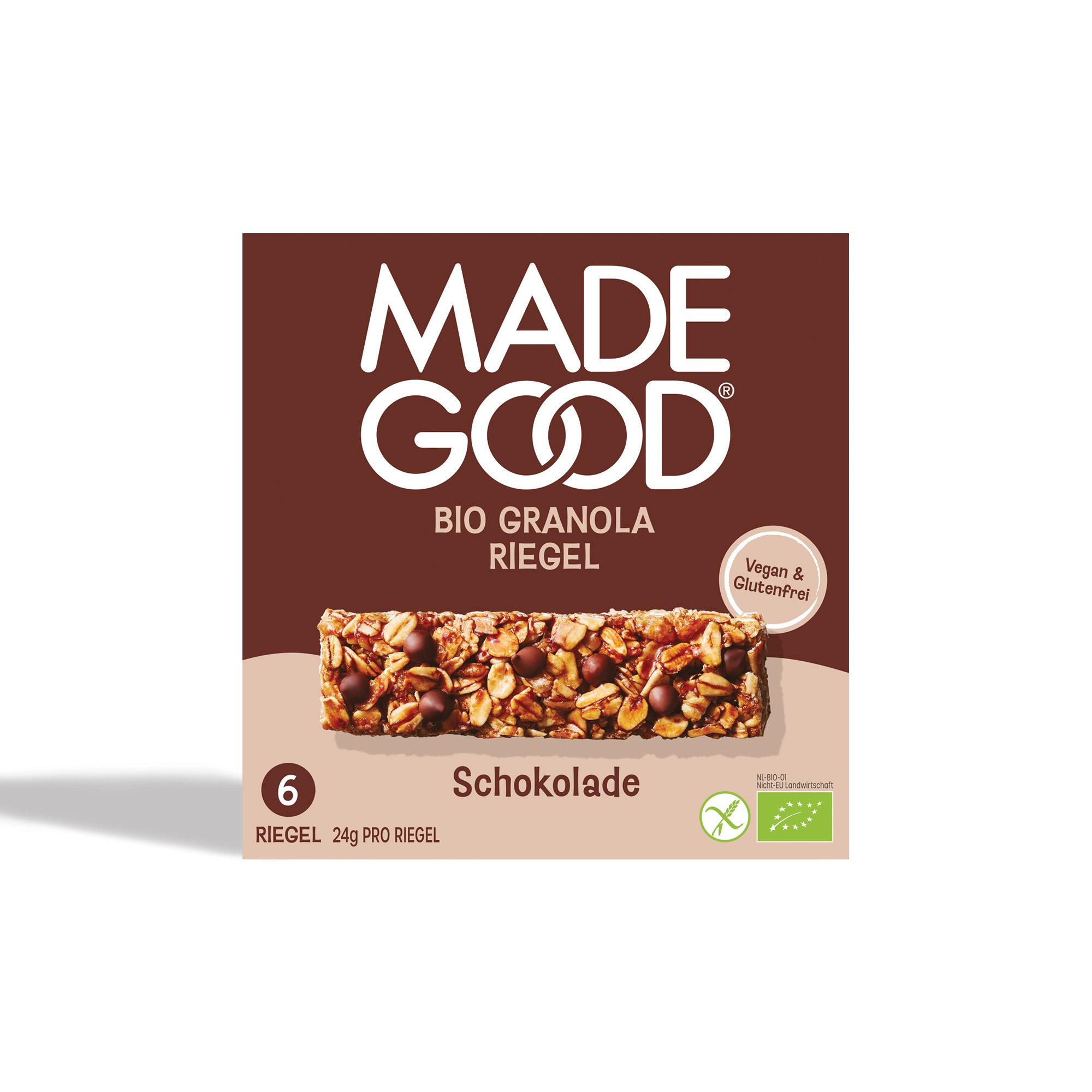 Verpackung mit sechs Bio-Granola-Riegeln Schokolade. Marke: Made Good. Vegan & glutenfrei. Bio-Zertifizierung.