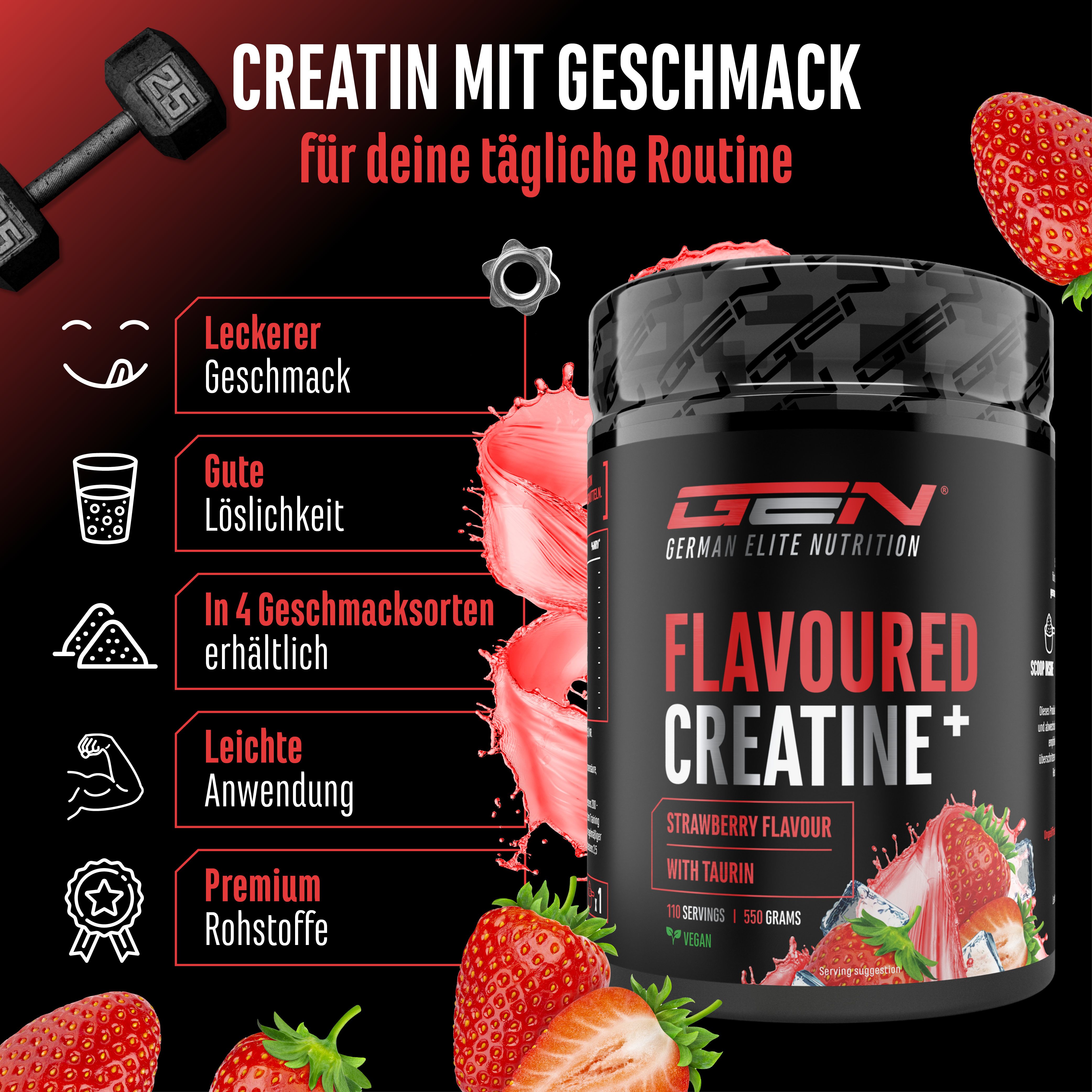 Werbung für Creatin mit Geschmack. Dose FLAVOURED CREATINE+ mit Erdbeeren. Text: Leckerer Geschmack, gute Löslichkeit.