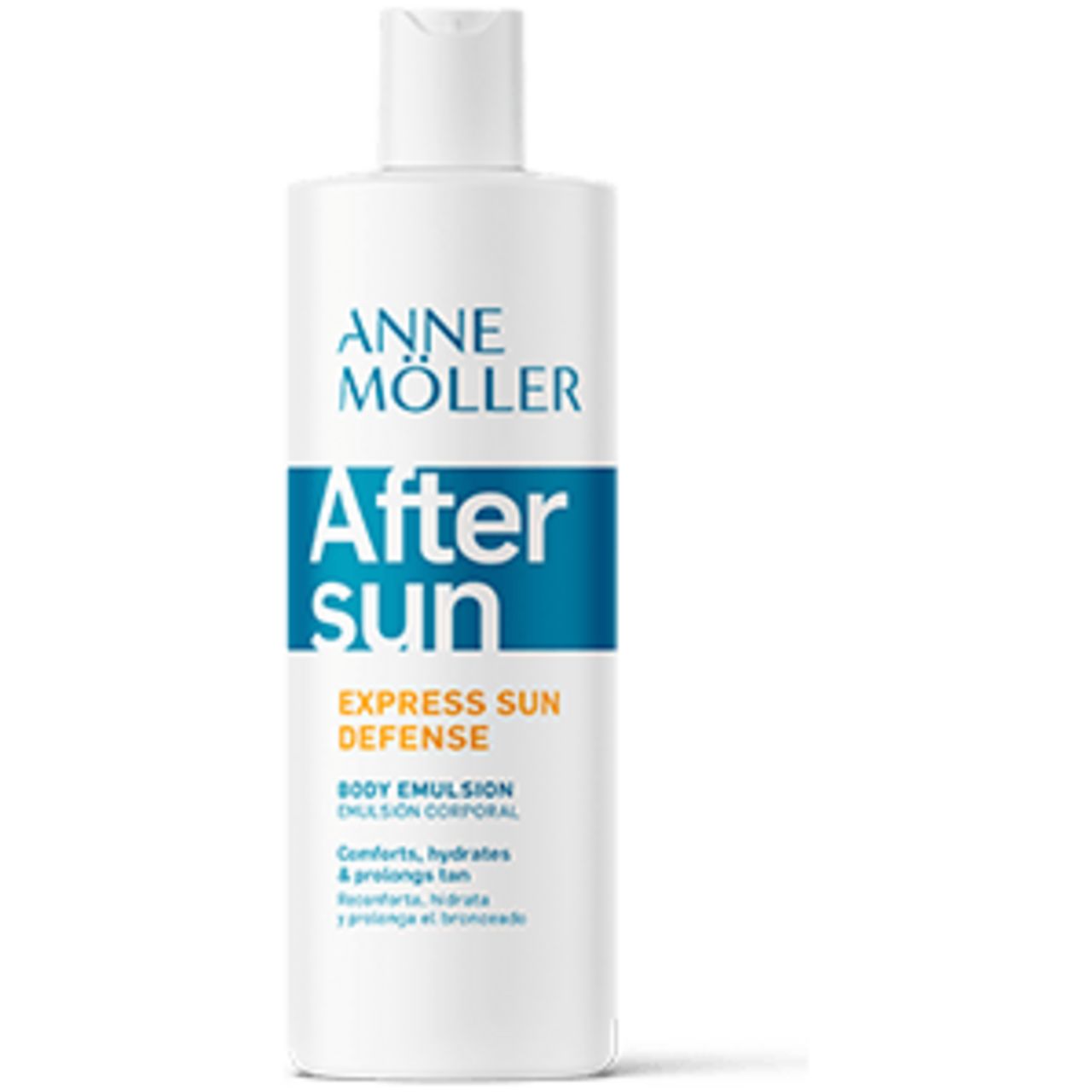 Weiße Flasche mit blau-orangener Beschriftung. Aufschrift: Anne Möller After Sun Express Sun Defense Body Emulsion.