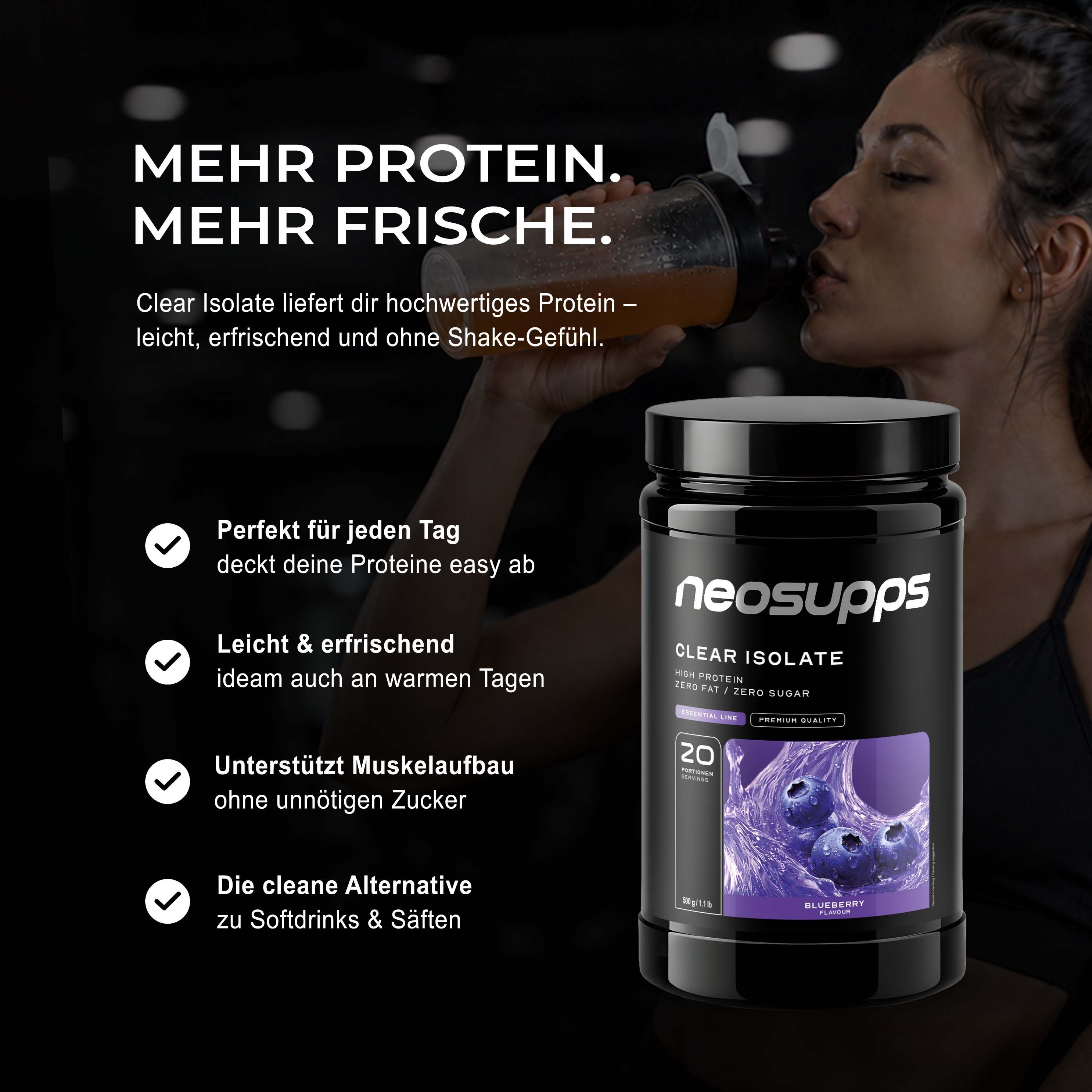 Neosupps Clear Whey Isolat Protein Pulver, 500g, Blueberry Geschmack, Eiweißshake