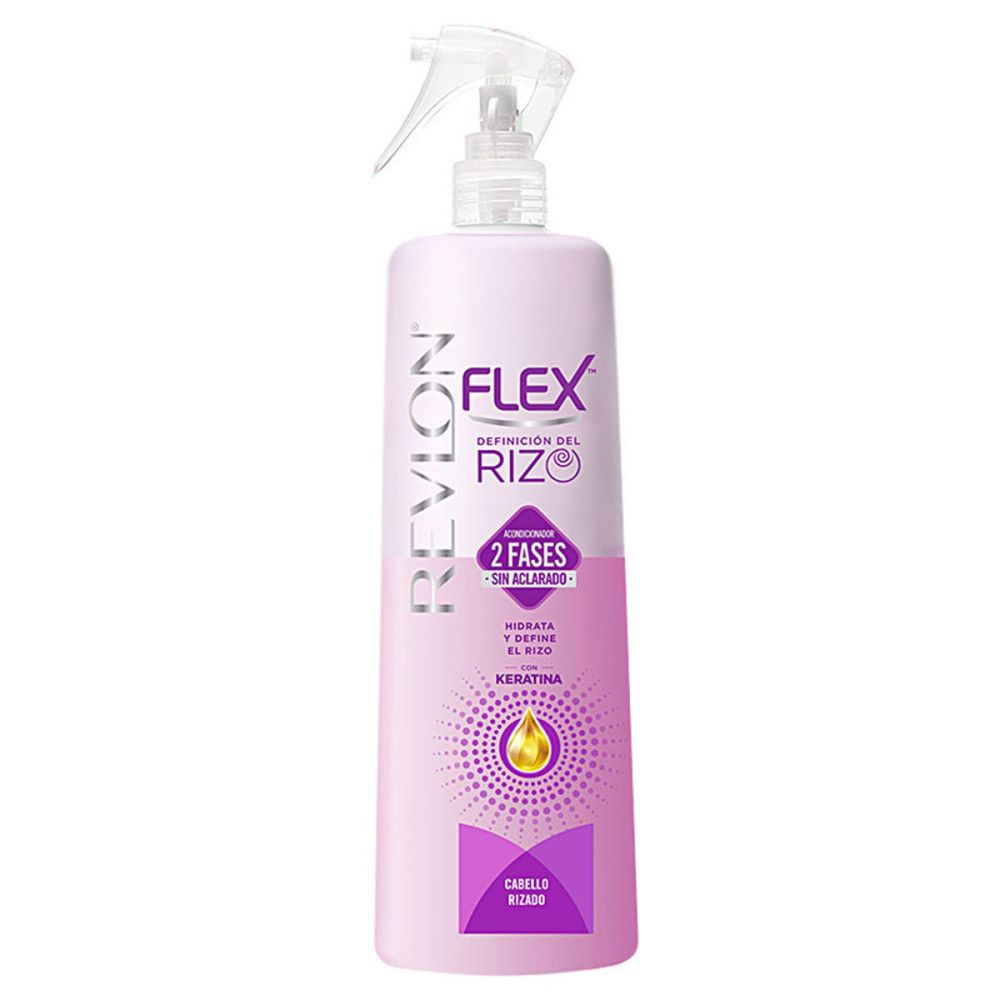Revlon Flex Haarspray. Rosa Flasche mit Sprühkopf. Text: 2 Phasen, Keratin, für lockiges Haar.
