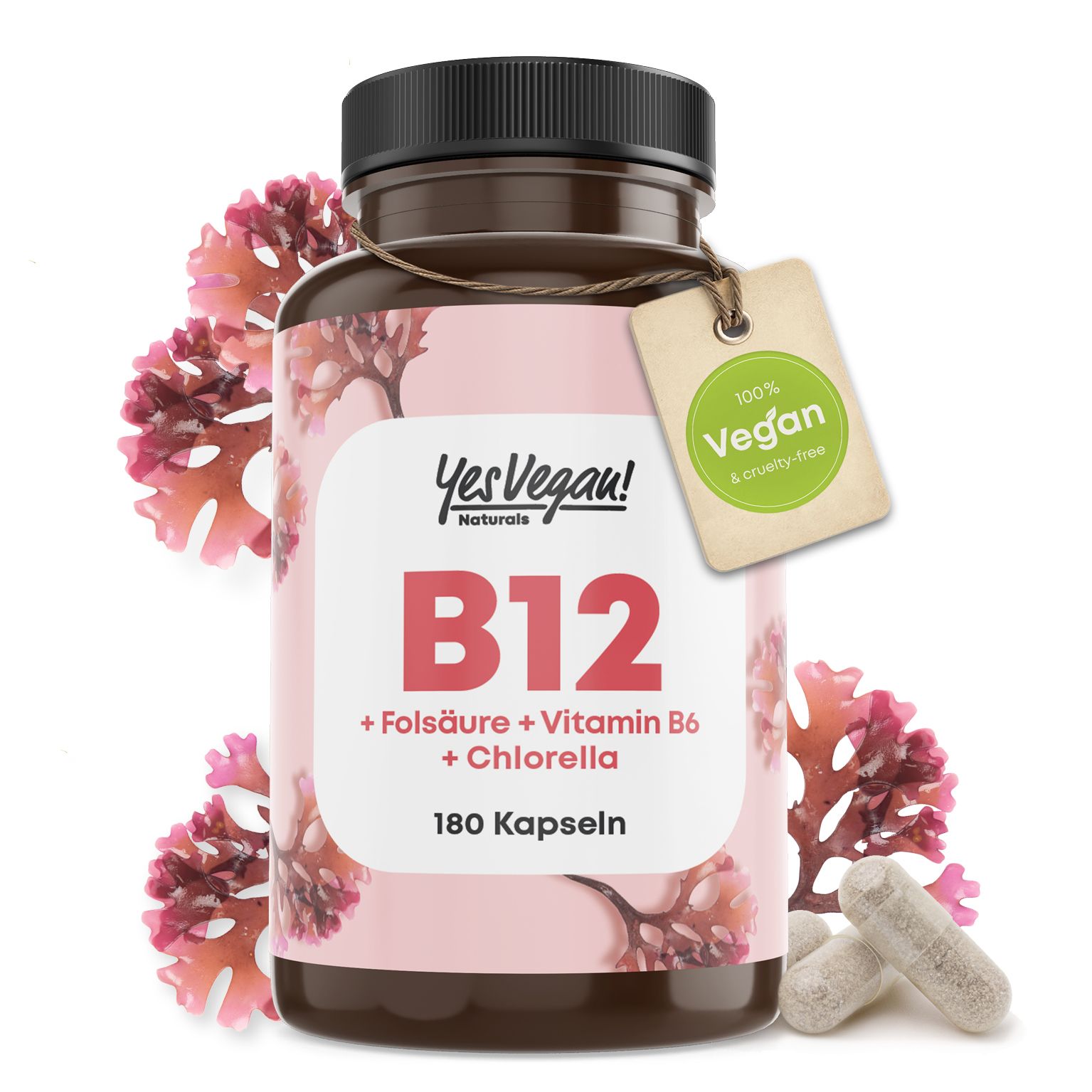 Yes Vegan®  Vitamin B12 hochdosiert (180 Kapseln) B12 Komplex mit Folsäure, Vitamin B6 I Chlorella