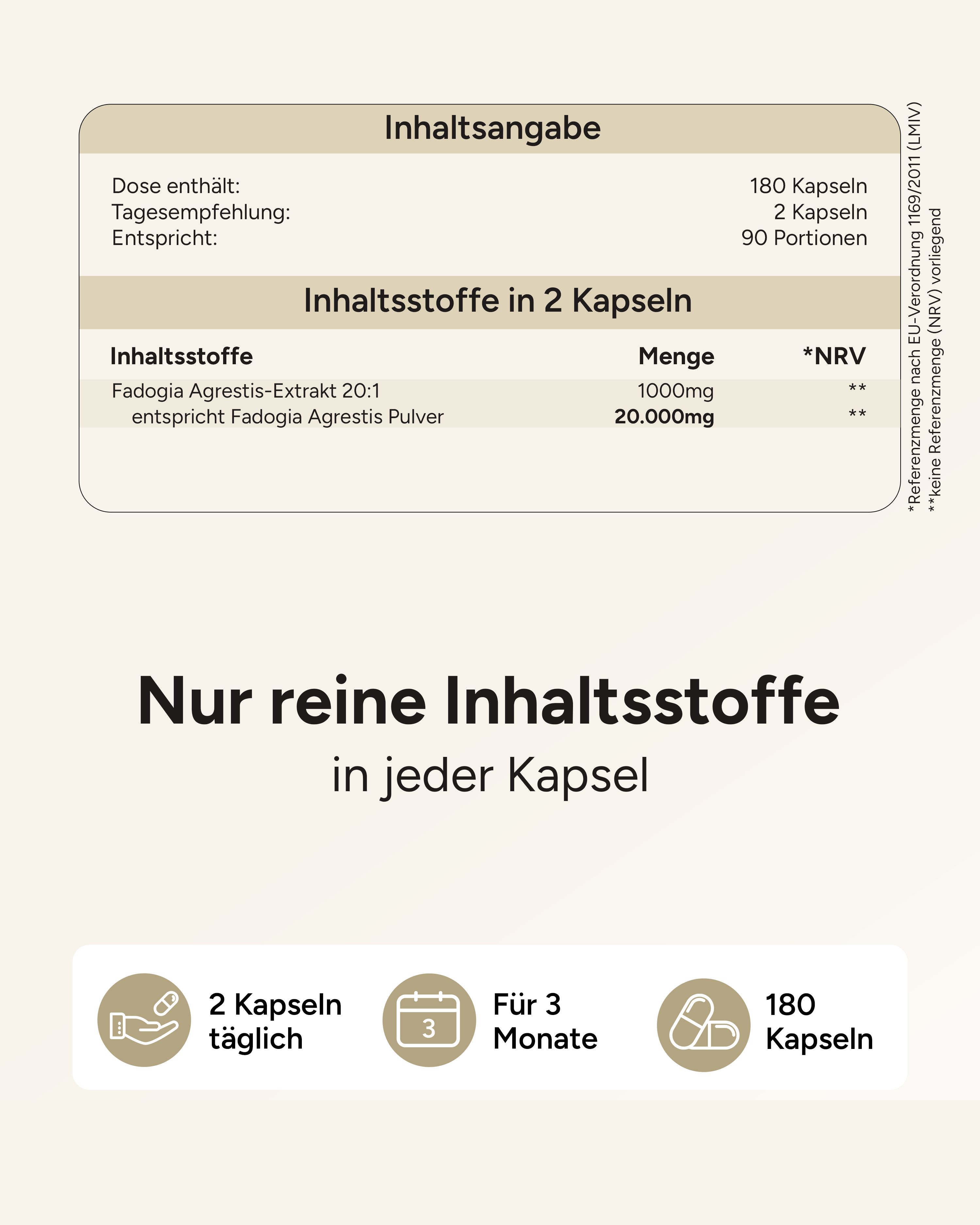 Text: Inhaltstoffe in 2 Kapseln: 1000mg Fadogia Agrestis-Extrakt, 20.000mg Fadogia Agrestis Pulver. 180 Kapseln.