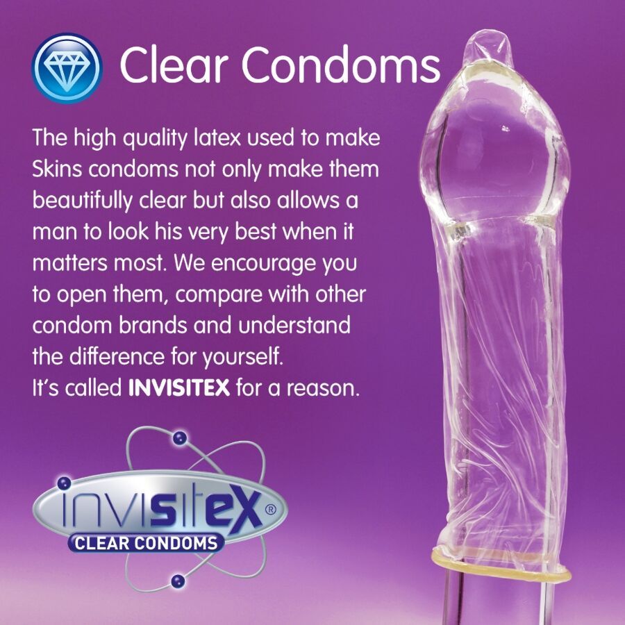Klarer Kondom, sichtbar auf lila Hintergrund. Marke: INVISITEX. Text: Clear Condoms.