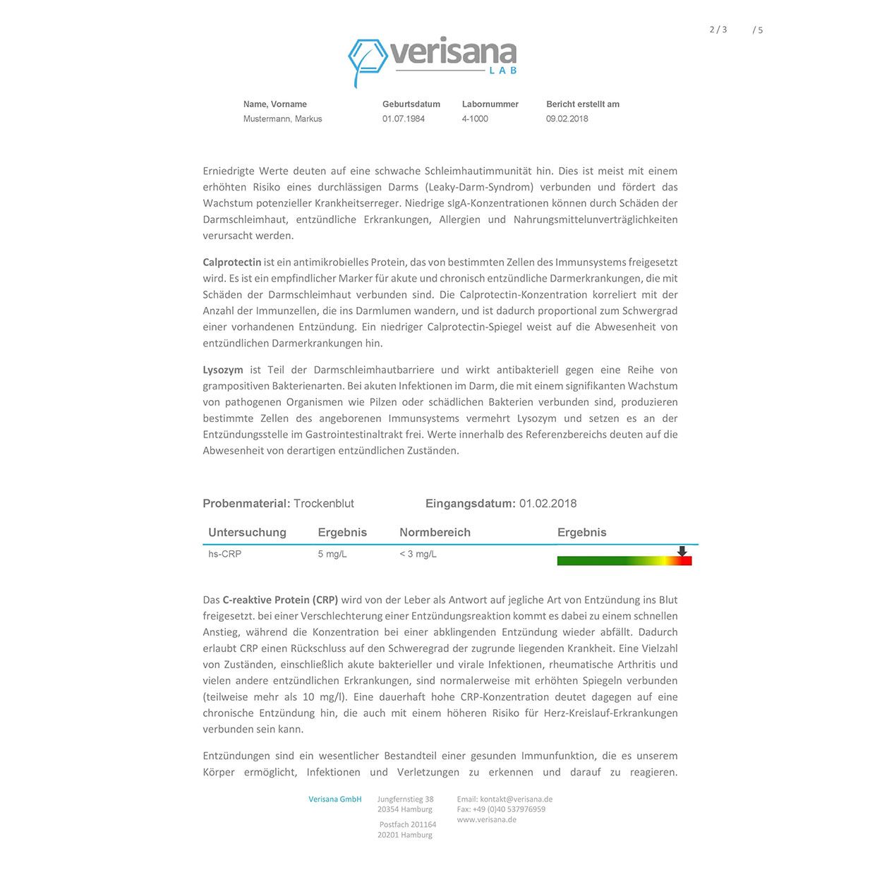 Laborbericht mit Testergebnissen. Enthält Tabellen und Text. Verisana-Logo oben.