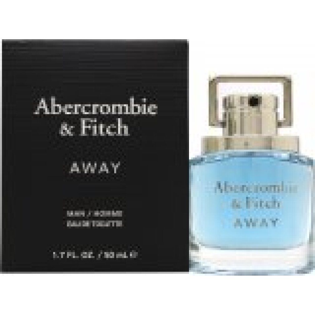 Schwarze Schachtel und blaues Parfüm. Aufschrift: Abercrombie & Fitch AWAY. Text: MAN/HOMME EAU DE TOILETTE.