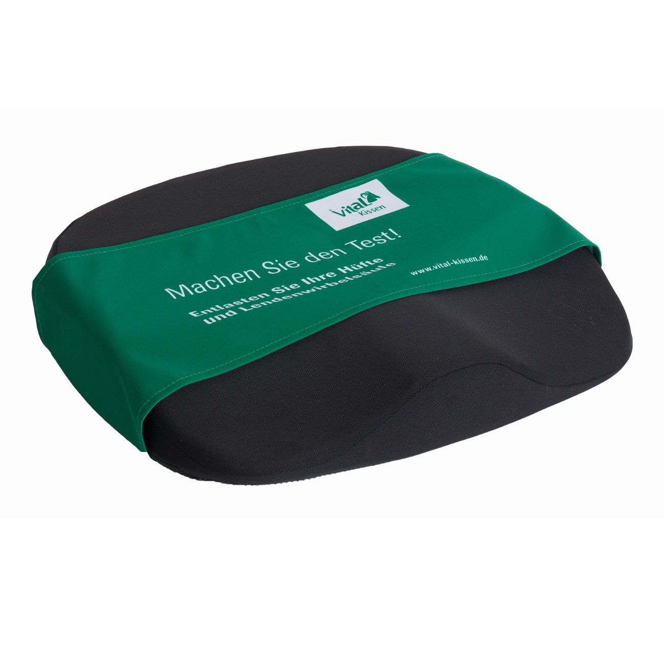 Schwarzes Hüftkissen mit grüner Banderole mit Text und Logo.