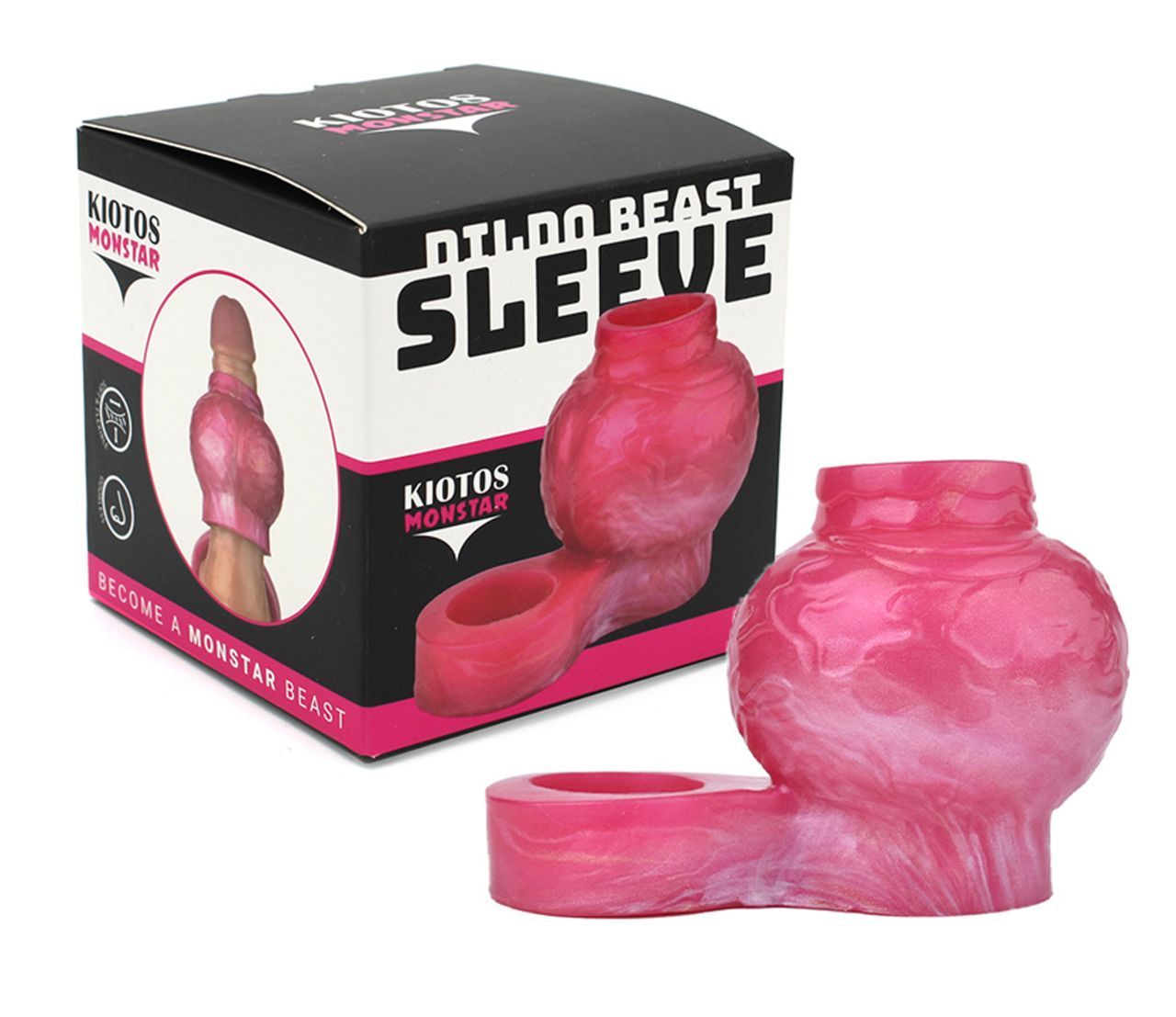 Rosa Sleeve mit Verpackung. Aufschrift: Dildo Beast Sleeve, Kiotos Monstar. Abgebildet ist ein Sleeve.