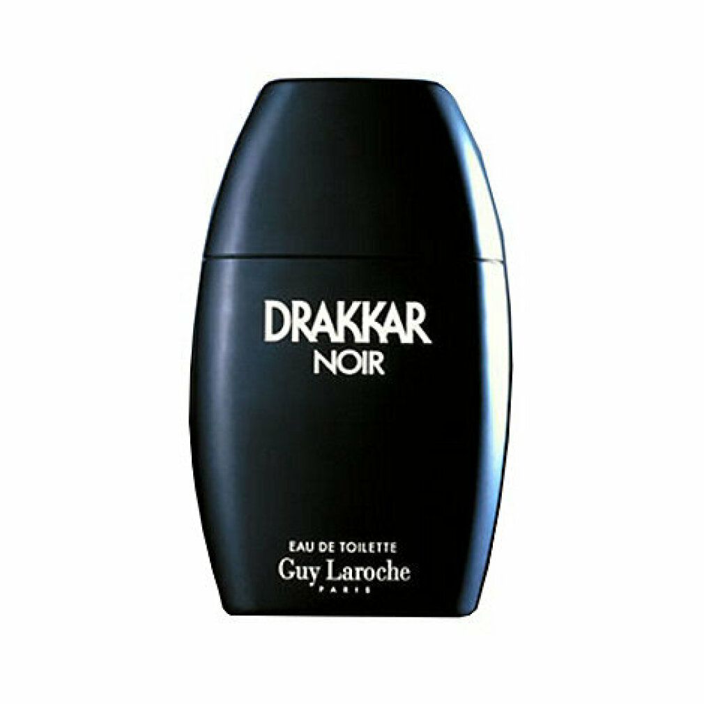 Schwarze Drakkar Noir Eau de Toilette Flasche. Ovale Form, schwarzer Verschluss. Guy Laroche-Logo und Text.