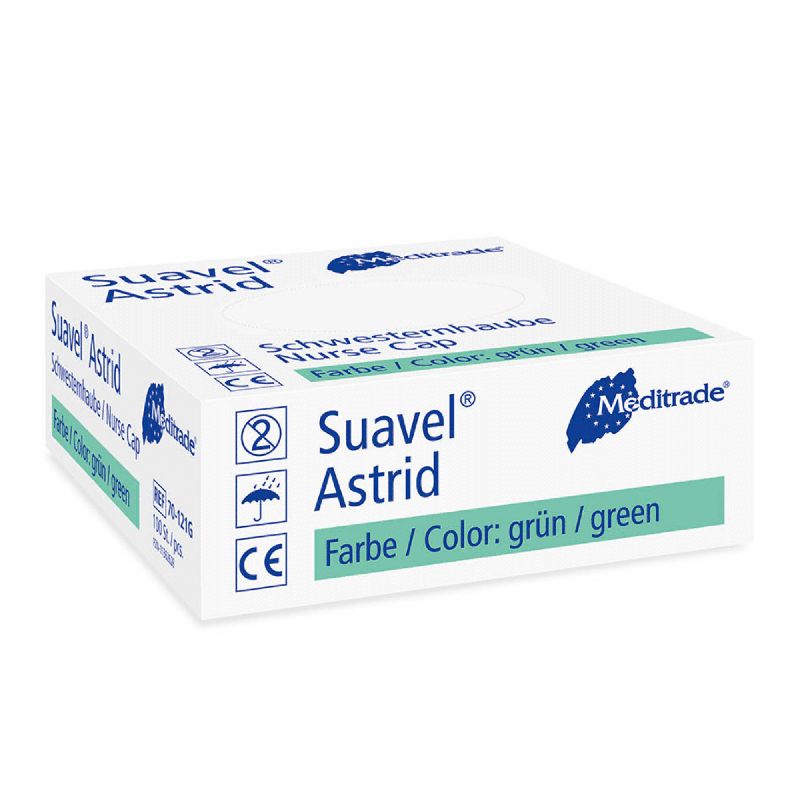 Verpackung für Meditrade Suavel® Astrid Schwesternhaube, Farbe grün.