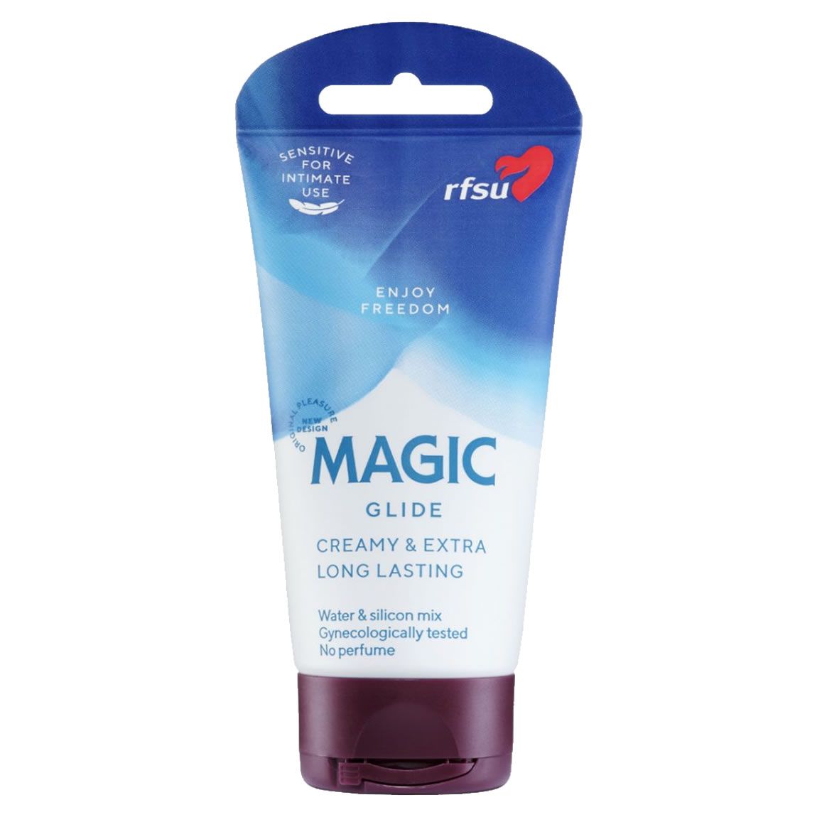 Tube mit Gleitmittel. Blau-weißes Design mit Aufschrift MAGIC GLIDE. Marke RFSU. Enthält Wasser und Silikon. Ohne Parfüm.