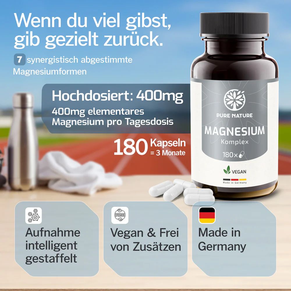 Flasche Pure Nature Magnesium Komplex, 180 Kapseln. Text: 400mg Magnesium pro Tagesdosis, vegan, Made in Germany. Weiße Kapseln.