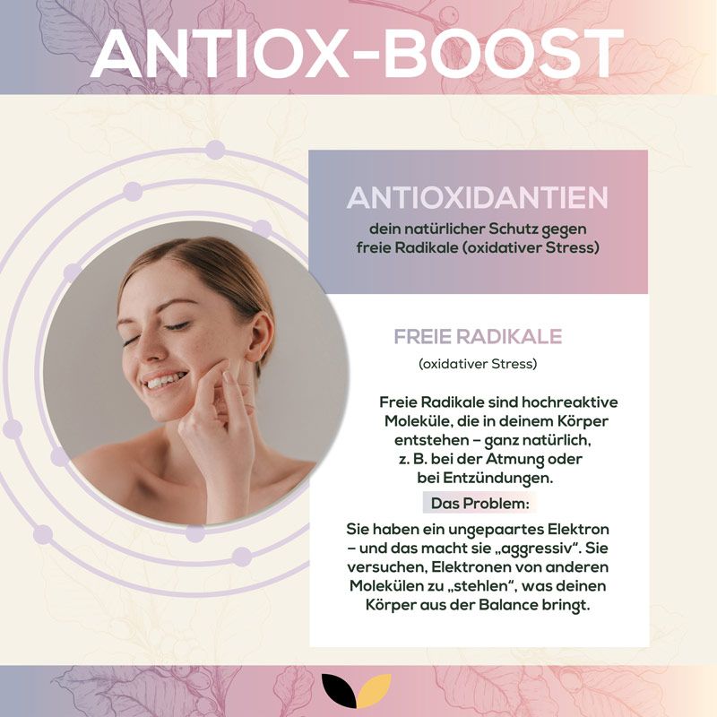 Infografik: "ANTIOX-BOOST" mit Informationen über Antioxidantien und freie Radikale. Frau lächelt.