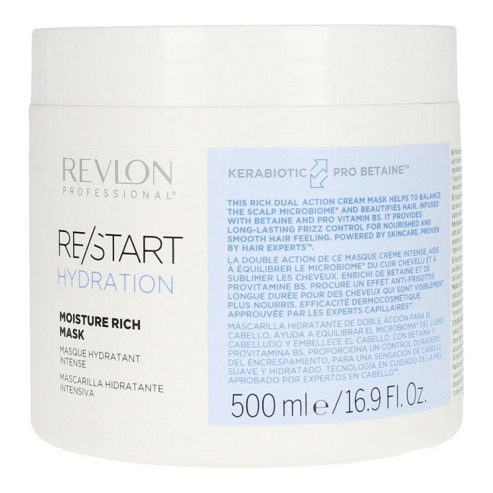 Weißer Tiegel Revlon Re-Start Hydration Haarmaske. Text: Moisture Rich Mask, 500 ml/16.9 Fl.Oz.