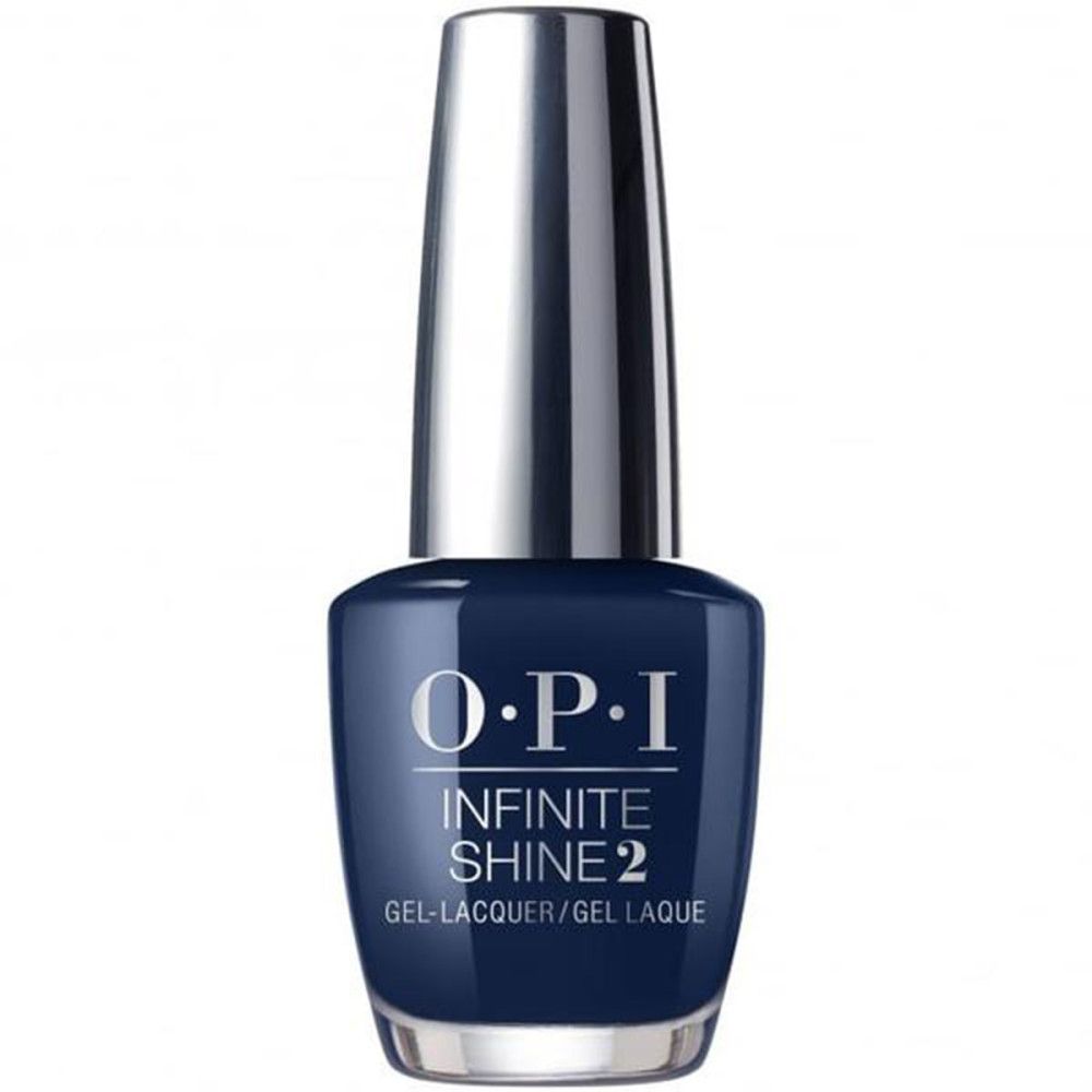 Nagellackflasche mit silbernem Deckel. Dunkelblauer Lack. OPI Infinite Shine 2. Gel-Lack.