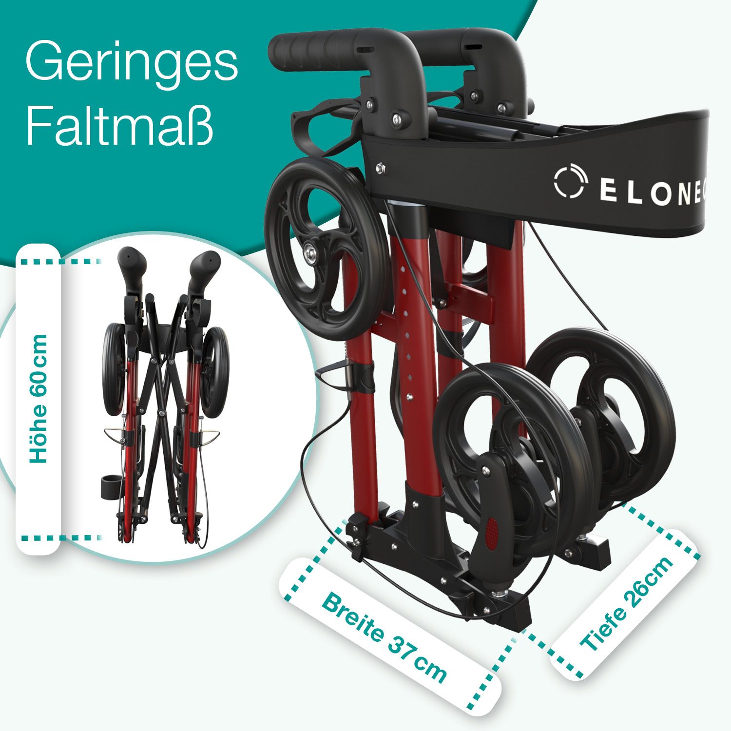 Gefalteter Rollator. Höhe 60cm, Breite 37cm, Tiefe 26cm.